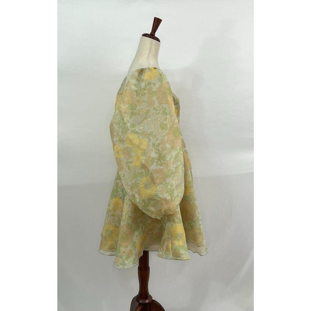 Selkie Pale Yellow & Mint Green Retro Floral Puff-Sleeve Mini Dress - Picture 5 of 12
